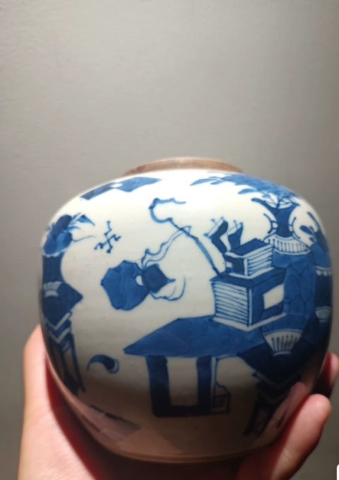 古玩陶瓷清晚期青花博古清供圖蓋罐拍賣,當前價格3500元