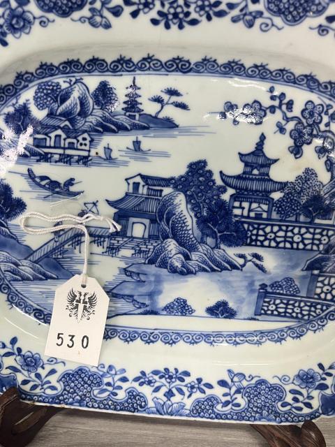 古玩陶瓷清乾隆 極品青花山水樓閣圖八方長盤拍賣，當前價格3500元