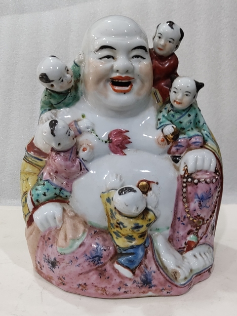 古玩雜項粉彩五子鬧彌勒佛瓷塑拍賣,當前價格888元
