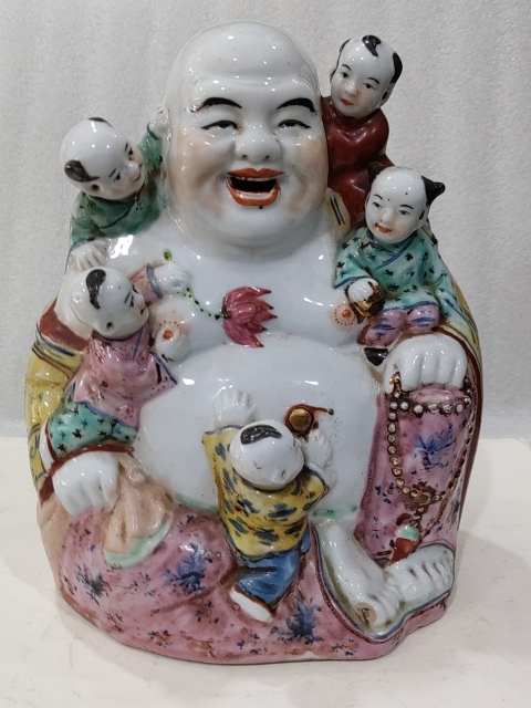 古玩雜項粉彩五子鬧彌勒佛瓷塑拍賣,當前價格888元