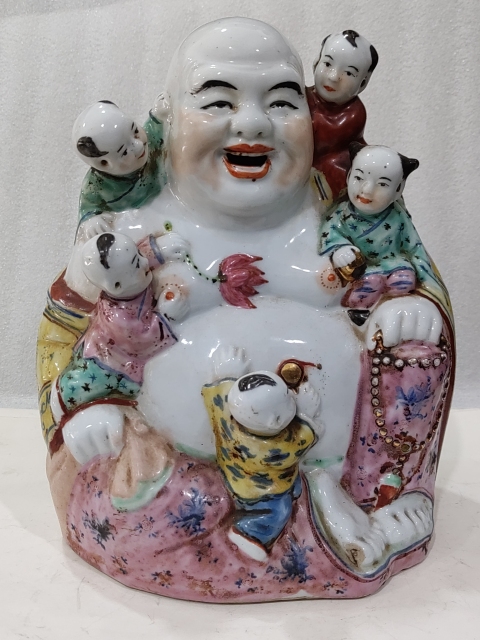 古玩雜項粉彩五子鬧彌勒佛瓷塑拍賣,當前價格888元