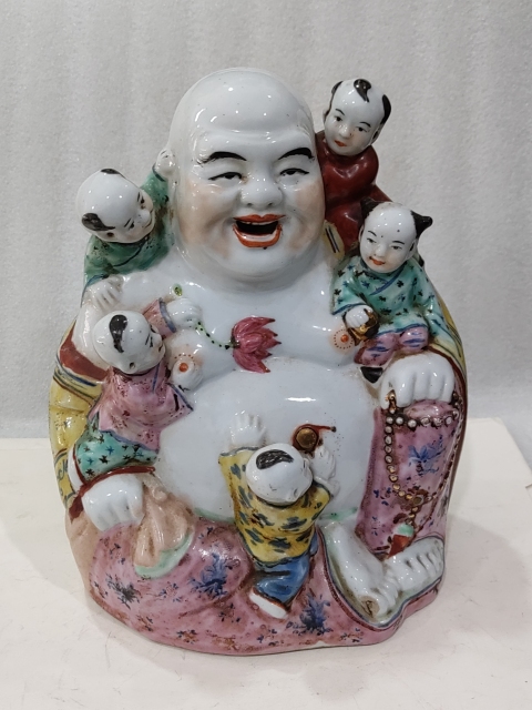 古玩雜項粉彩五子鬧彌勒佛瓷塑拍賣,當前價格888元