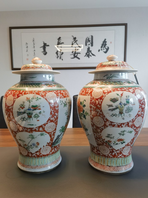 古玩陶瓷大漏五彩牡丹紋將軍蓋罐一對拍賣,當前價格23800元