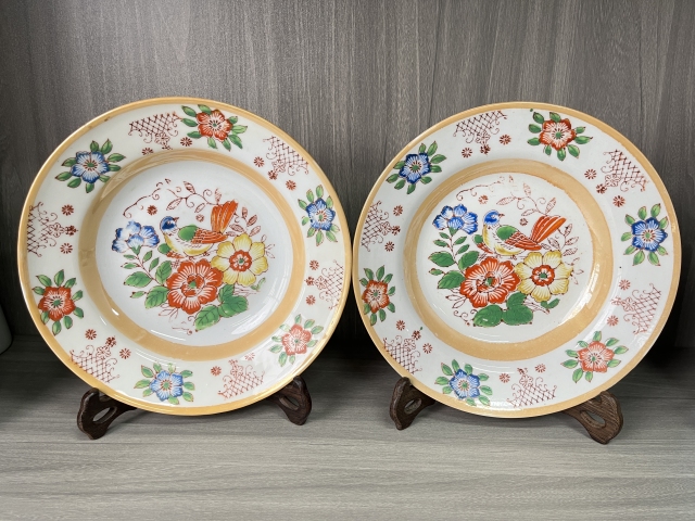 古玩陶瓷精品粉彩花鳥紋折沿盤一對拍賣,當前價格290元