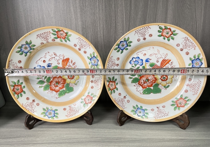 古玩陶瓷精品粉彩花鳥紋折沿盤一對拍賣,當前價格290元