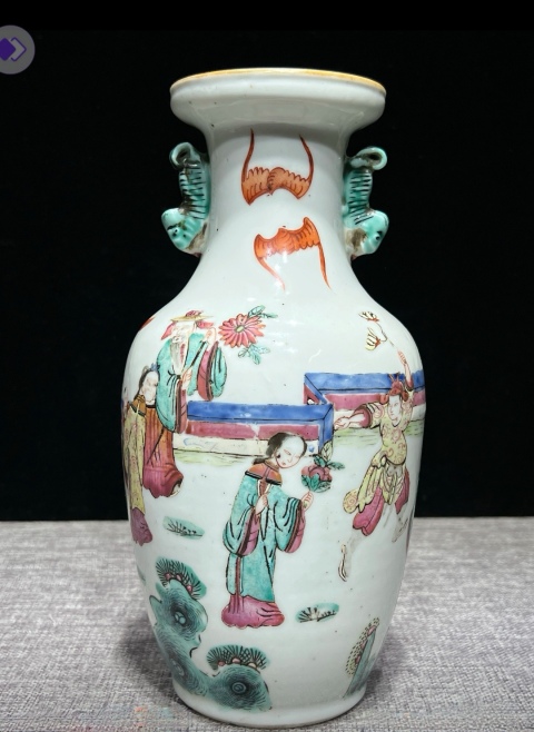 中国古玩　粉彩　尊式 双耳 花瓶 壺　大明乾暦年製　箱付　唐物 時代物 中国古玩 粉彩 尊式 双耳 花瓶 壺 大明乾暦年製 箱付 唐物 時代物