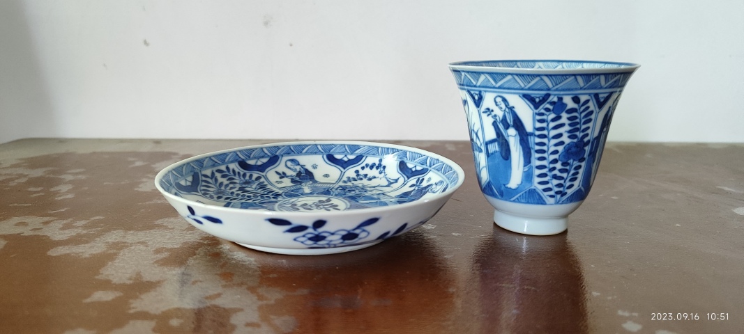 古玩陶瓷清青花仕女花卉紋杯碟拍賣，當前價格4800元