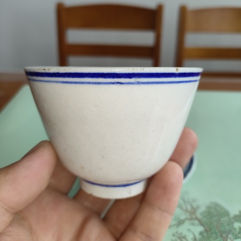 古玩陶瓷民國，素雅青花邊線紋壓手杯，碟拍賣，當前價格69元