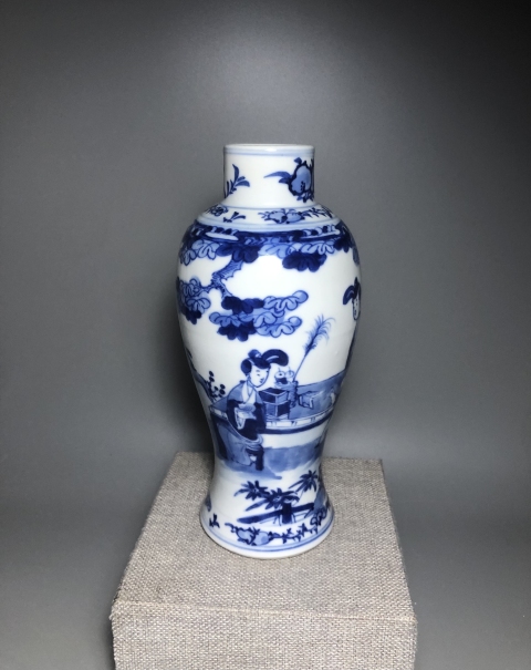 古玩陶瓷晚清,青花三娘教子紋梅瓶拍賣,當前價格6000元
