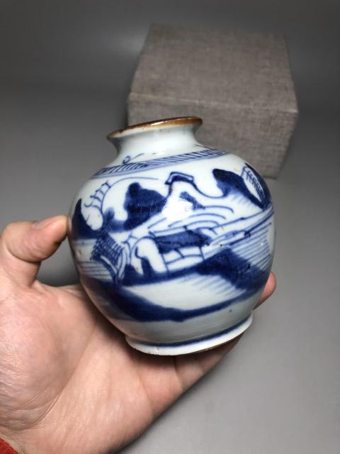 古玩陶瓷清乾隆,青花山水人物紋石榴尊拍賣,當前價格3600元