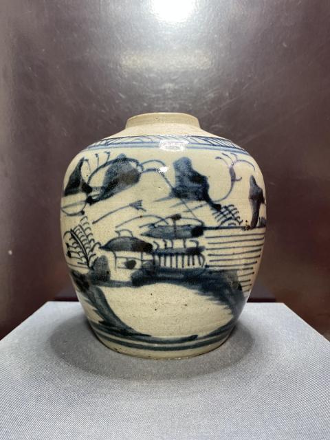 古玩陶瓷清,亭臺樓閣山水罐拍賣,當前價格1650元