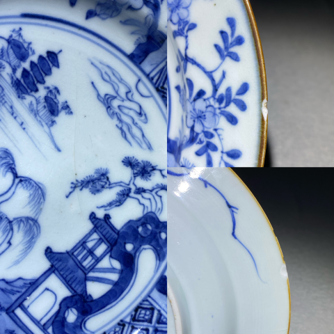 古玩陶瓷清康熙青花淡描山水人物紋折沿盤拍賣，當前價格1588元