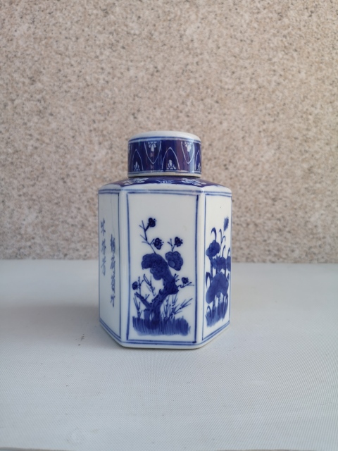 古玩陶瓷松竹梅青花六方茶葉蓋罐拍賣，當前價格350元