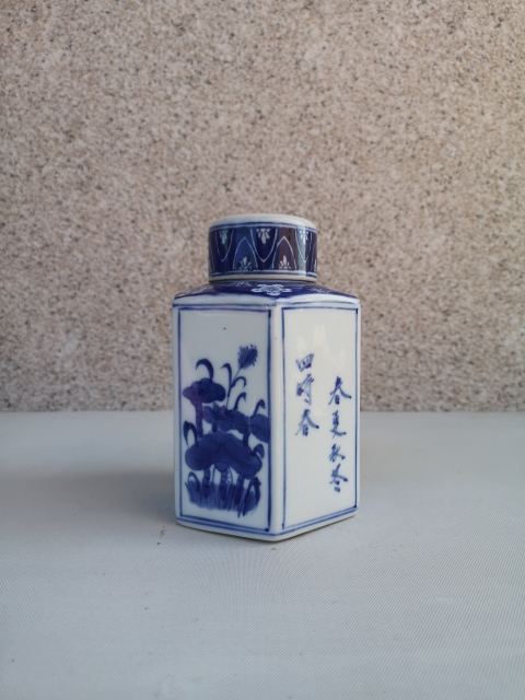 古玩陶瓷松竹梅青花六方茶葉蓋罐拍賣，當前價格350元
