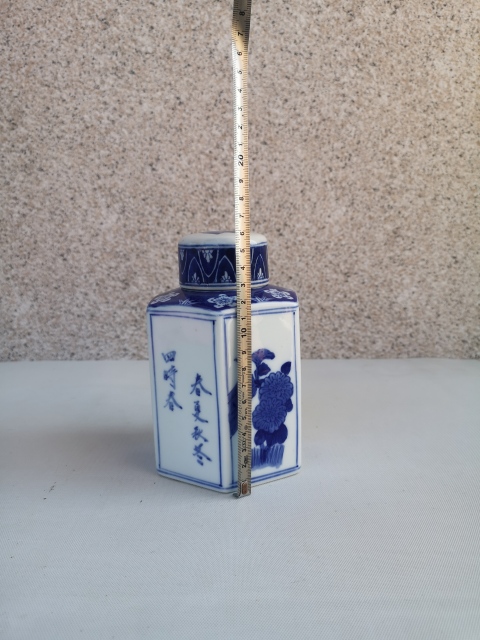 古玩陶瓷松竹梅青花六方茶葉蓋罐拍賣，當前價格350元