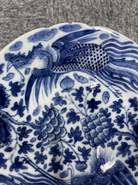 古玩陶瓷清道光 二級官青花鳳穿牡丹圖花口盤拍賣，當前價格1400元