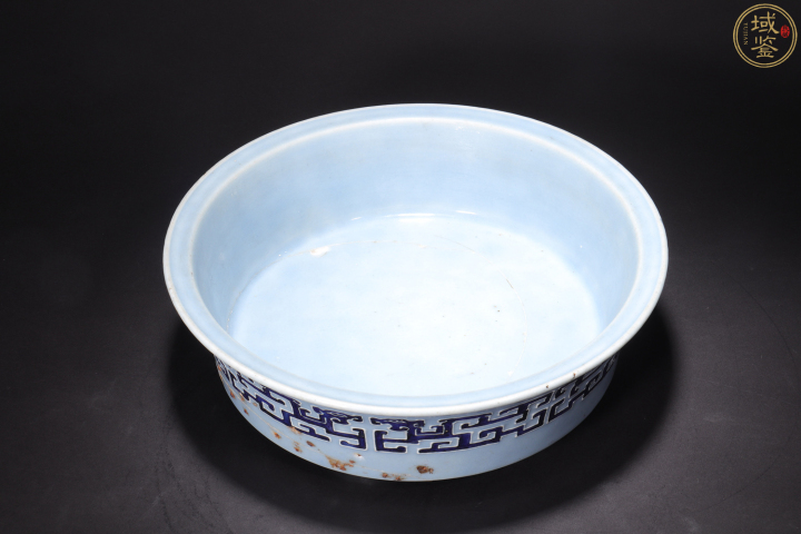 古玩陶瓷清乾隆 天藍釉青花夔龍紋折沿洗（官家重器）拍賣，當前價格13000元