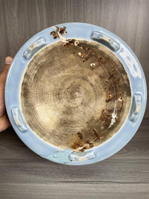 古玩陶瓷清乾隆 天藍釉青花夔龍紋折沿洗（官家重器）拍賣，當前價格13000元