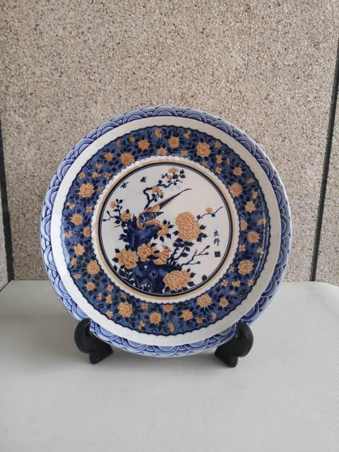 古玩陶瓷花鳥紋青花礬紅盤拍賣,當前價格350元