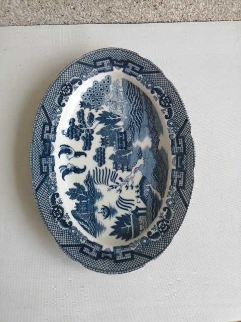 古玩陶瓷樓臺亭閣山水紋青花盤拍賣，當前價格480元