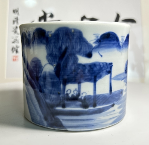 古玩陶瓷清中期青花蘇東坡夜游赤壁圖筆筒(大文房器)拍賣,當前價格8888元