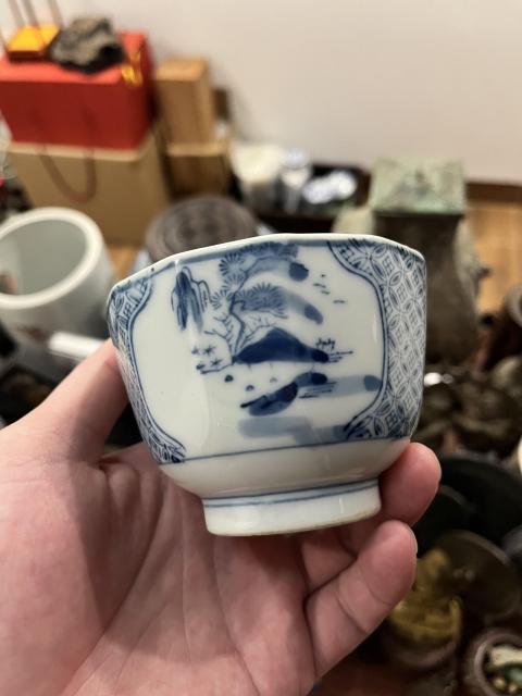 古玩陶瓷民國山水紋青花杯拍賣，當前價格299元