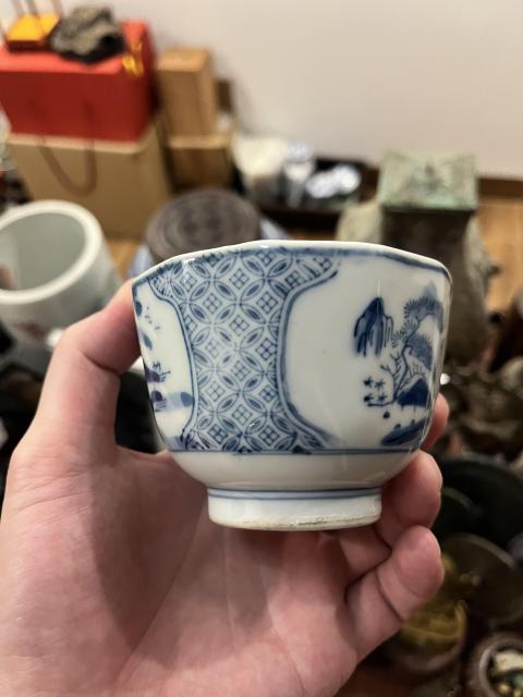 古玩陶瓷民國山水紋青花杯拍賣，當前價格299元
