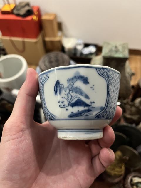 古玩陶瓷民國山水紋青花杯拍賣，當前價格299元