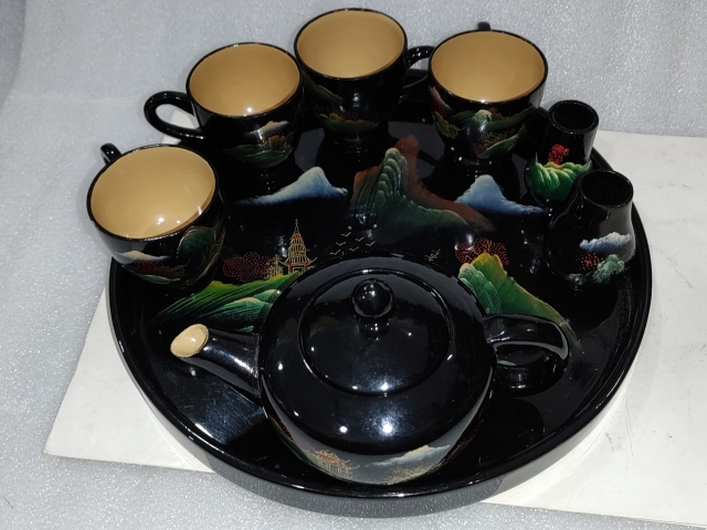 古玩雜項木胎彩繪漆茶具一套拍賣,當前價格528元