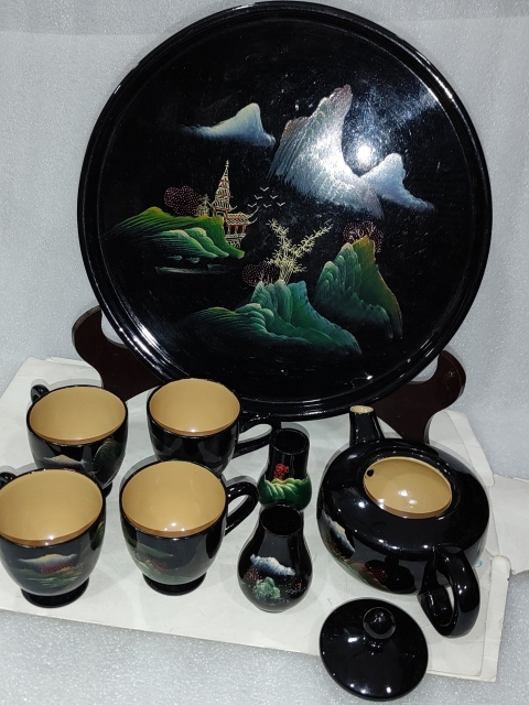 古玩雜項木胎彩繪漆茶具一套拍賣,當前價格528元