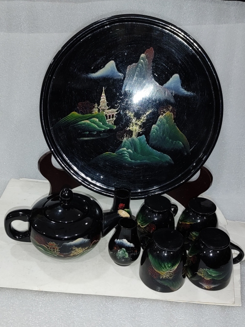古玩雜項木胎彩繪漆茶具一套拍賣,當前價格528元
