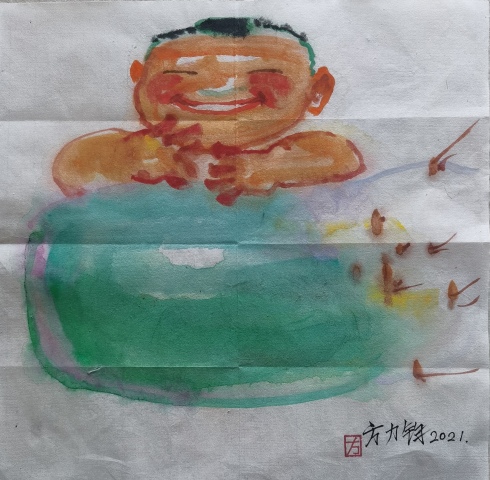 古玩字畫2022年單幅作品嘉德拍賣6382.5萬成交的當代名家方力鈞彩墨寫意人物拍賣，當前價格50000元