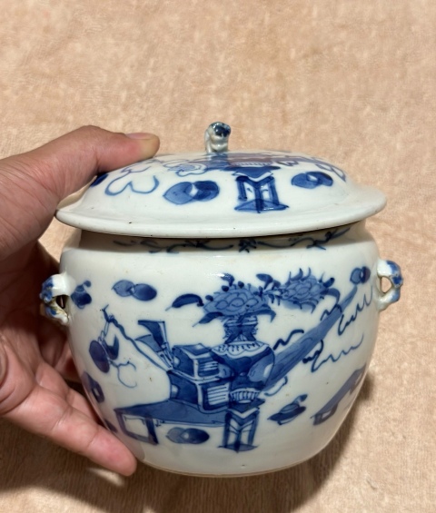 古玩陶瓷晚清光緒青花博古清供圖粥罐拍賣，當前價格2250元