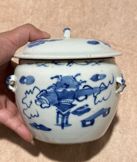 晚清光緒青花博古清供圖粥罐拍賣，當前價格2250元