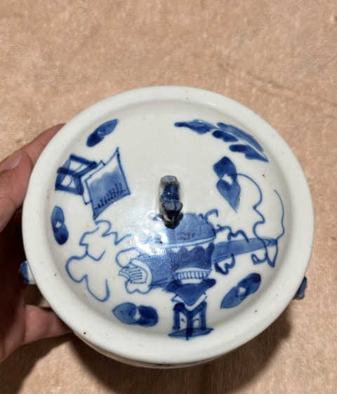 古玩陶瓷晚清光緒青花博古清供圖粥罐拍賣，當前價格2250元
