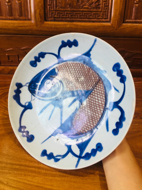 古玩陶瓷青花釉里紅魚紋大盤拍賣,當前價格488元