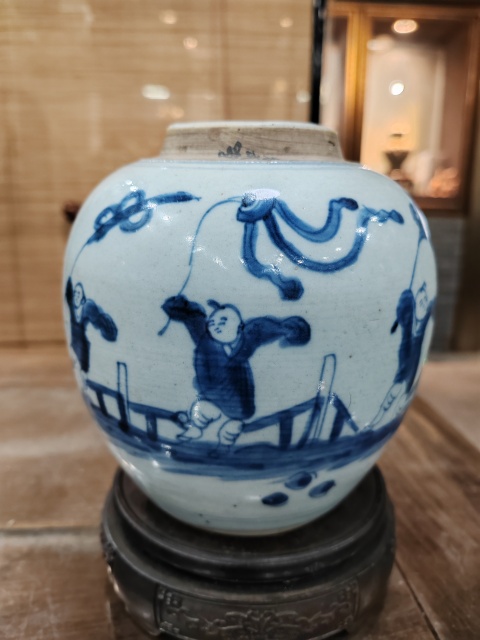 古玩陶瓷清康熙青花嬰戲圖蓋罐拍賣，當前價格12000元