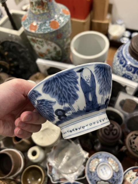 古玩陶瓷清代竹林七賢青花杯拍賣，當前價格355元