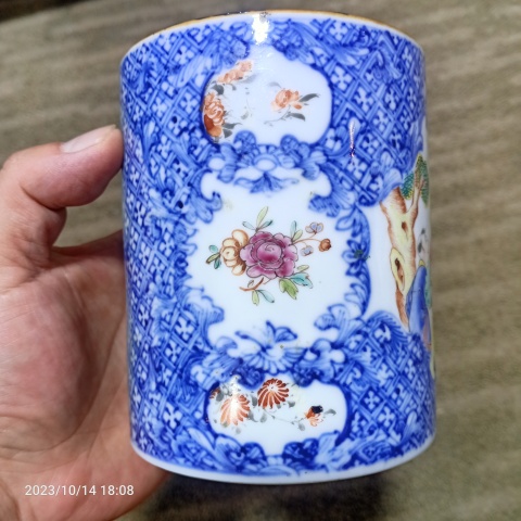 古玩陶瓷青花花卉開窗廣彩人物馬克杯拍賣，當前價格399元