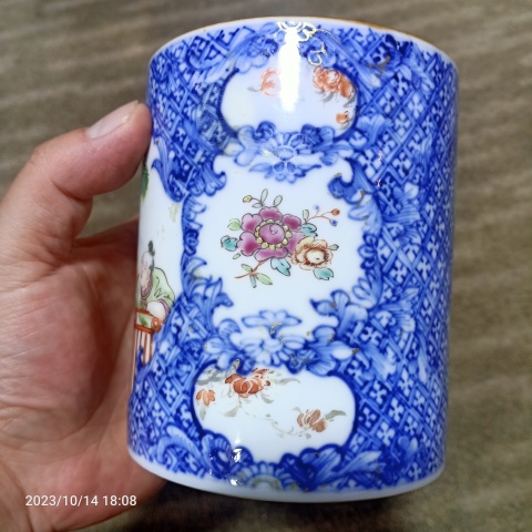 古玩陶瓷青花花卉開窗廣彩人物馬克杯拍賣，當前價格399元