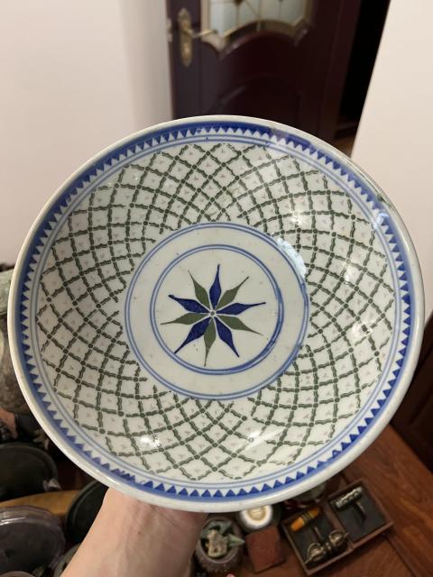 古玩陶瓷民國青花彩繪格子紋盤拍賣，當前價格255元