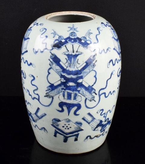 古玩陶瓷清 豆青釉青花博古圖冬瓜罐拍賣(mài)，當(dāng)前價(jià)格3200元