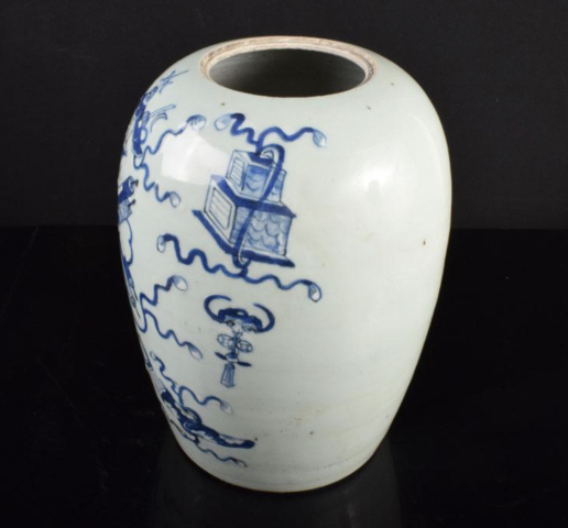 古玩陶瓷清 豆青釉青花博古圖冬瓜罐拍賣(mài)，當(dāng)前價(jià)格3200元