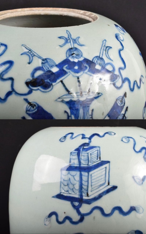 古玩陶瓷清 豆青釉青花博古圖冬瓜罐拍賣(mài)，當(dāng)前價(jià)格3200元