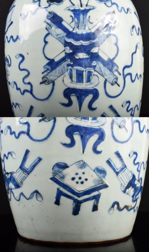 古玩陶瓷清 豆青釉青花博古圖冬瓜罐拍賣(mài)，當(dāng)前價(jià)格3200元