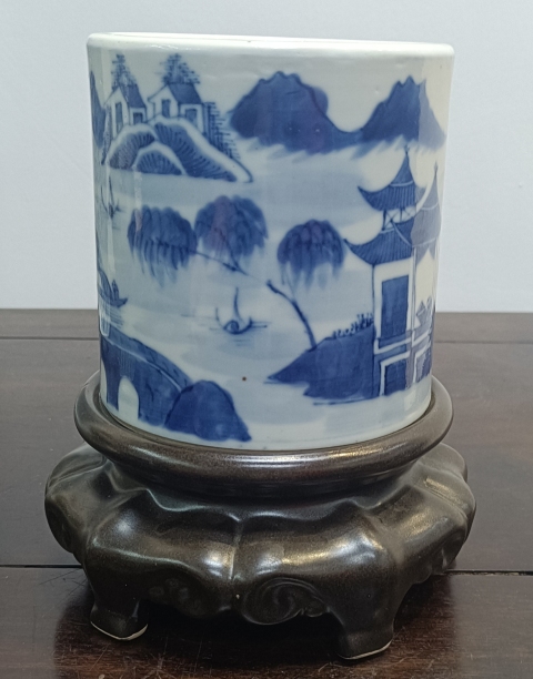 古玩陶瓷清代精品青花亭臺山水紋大筆海拍賣，當前價格7000元