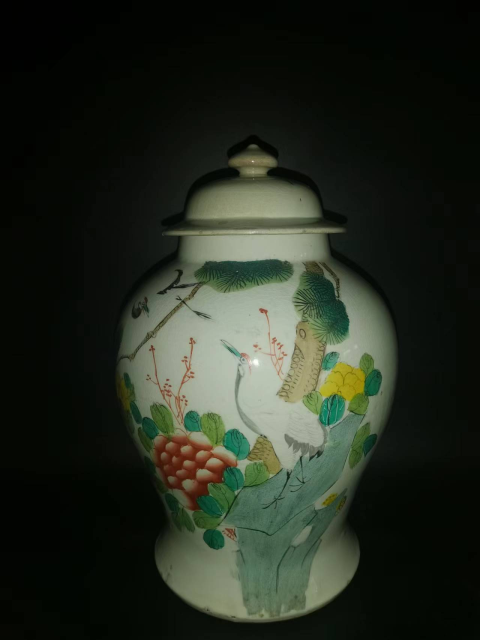 古玩陶瓷粉彩松鶴紋將軍罐拍賣,當前價格3600元