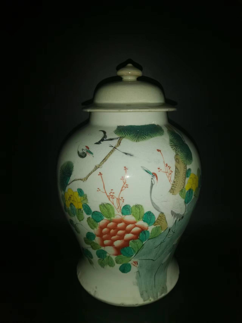 古玩陶瓷粉彩松鶴紋將軍罐拍賣,當前價格3600元