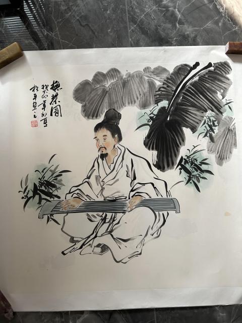 古玩字畫張松平老師精品斗方《撫茶圖》拍賣，當前價格458元