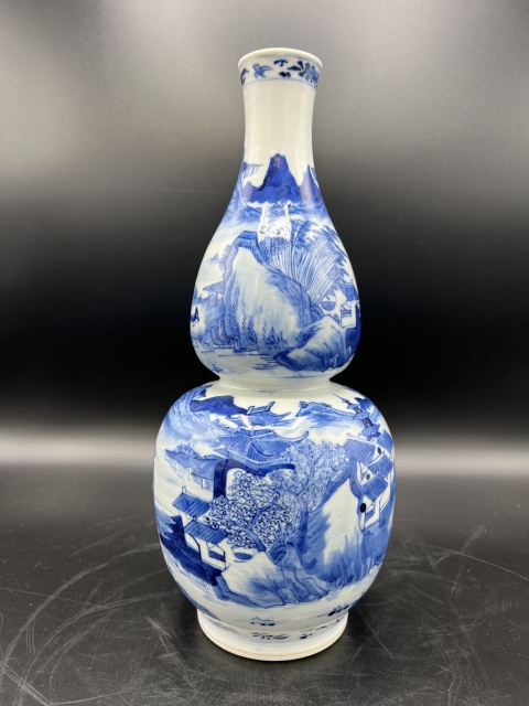 古玩陶瓷晚清青花漁樵耕讀圖葫蘆瓶拍賣,當前價格10000元